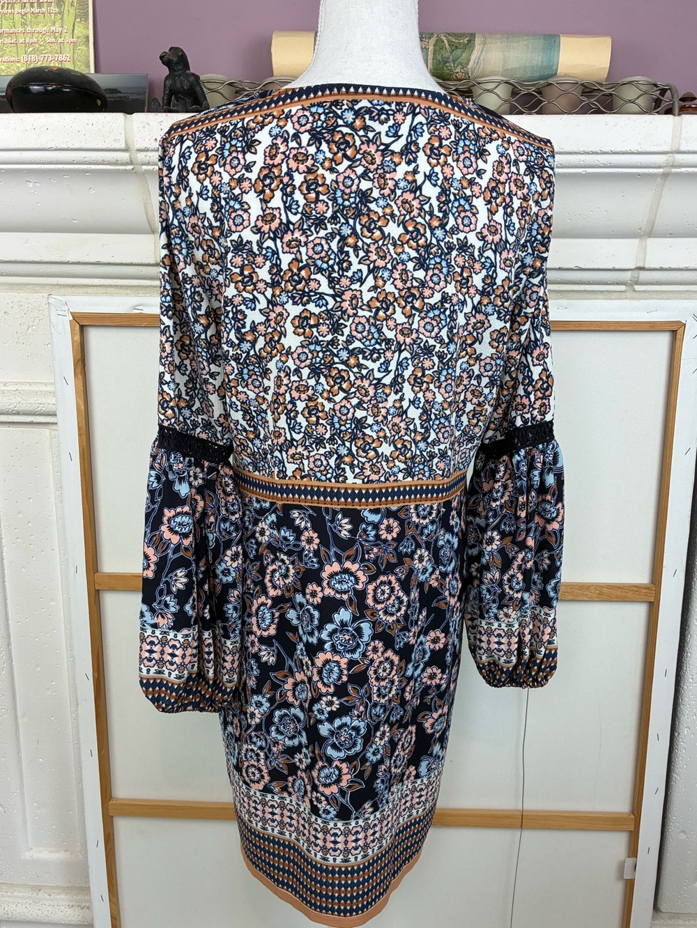MSK Cottage-core Boho Floral Long-Sleeve V-Neck Dress w/ crochet inserts - Picture 3 of 8